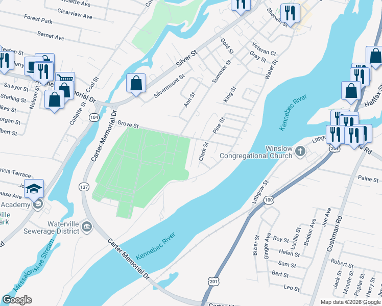 map of restaurants, bars, coffee shops, grocery stores, and more near 15 South Grove Street in Waterville