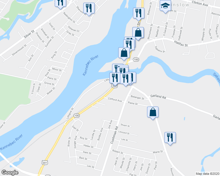 map of restaurants, bars, coffee shops, grocery stores, and more near 499 Augusta Road in Winslow