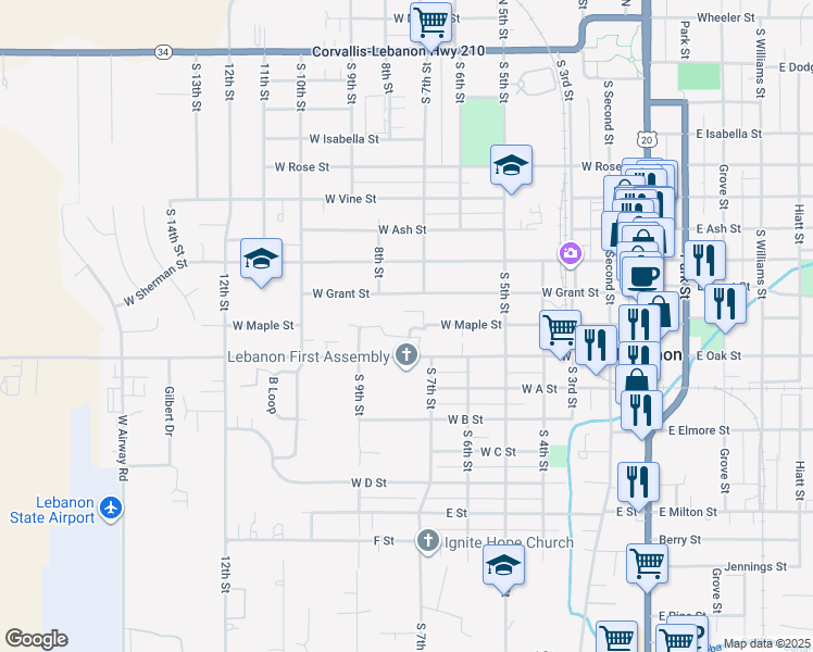 map of restaurants, bars, coffee shops, grocery stores, and more near 600 West Grant Street in Lebanon