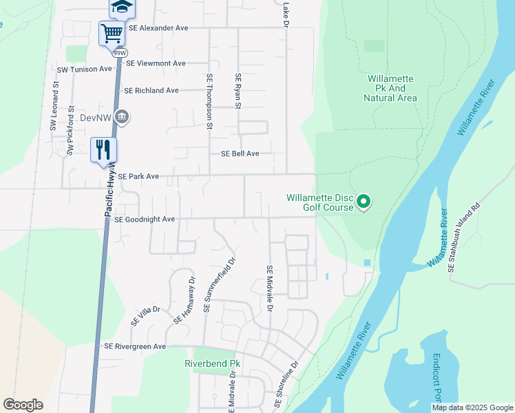 map of restaurants, bars, coffee shops, grocery stores, and more near 2835 Southeast Goodpark Street in Corvallis