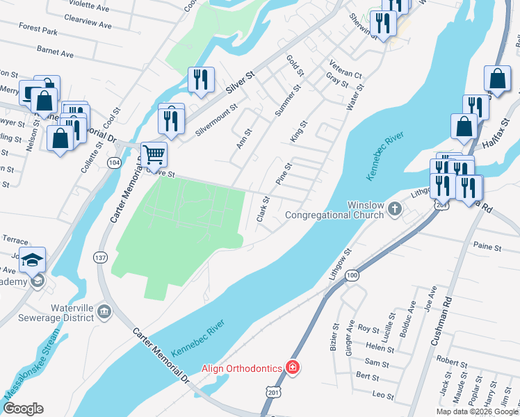 map of restaurants, bars, coffee shops, grocery stores, and more near 21 Grove Street in Waterville