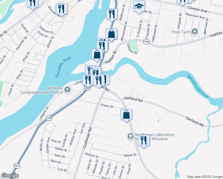 map of restaurants, bars, coffee shops, grocery stores, and more near 36 China Road in Winslow