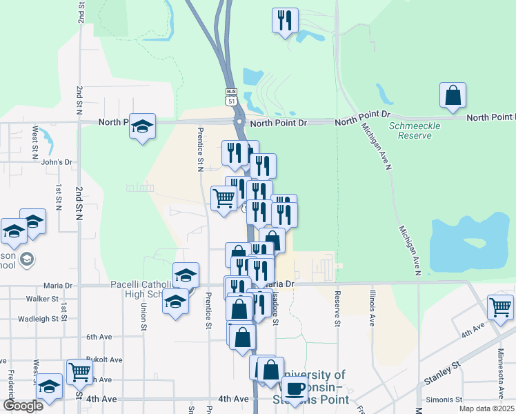 map of restaurants, bars, coffee shops, grocery stores, and more near 301 Division Street in Stevens Point