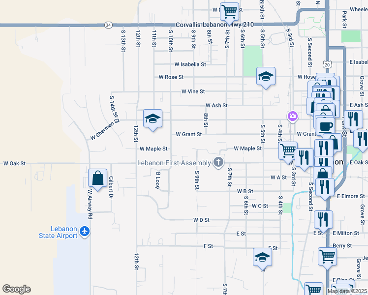map of restaurants, bars, coffee shops, grocery stores, and more near 788 West Grant Street in Lebanon