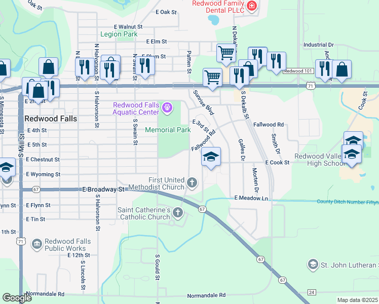 map of restaurants, bars, coffee shops, grocery stores, and more near 123 Fallwood Road in Redwood Falls