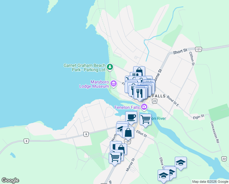 map of restaurants, bars, coffee shops, grocery stores, and more near 45 Oak Street in Kawartha Lakes