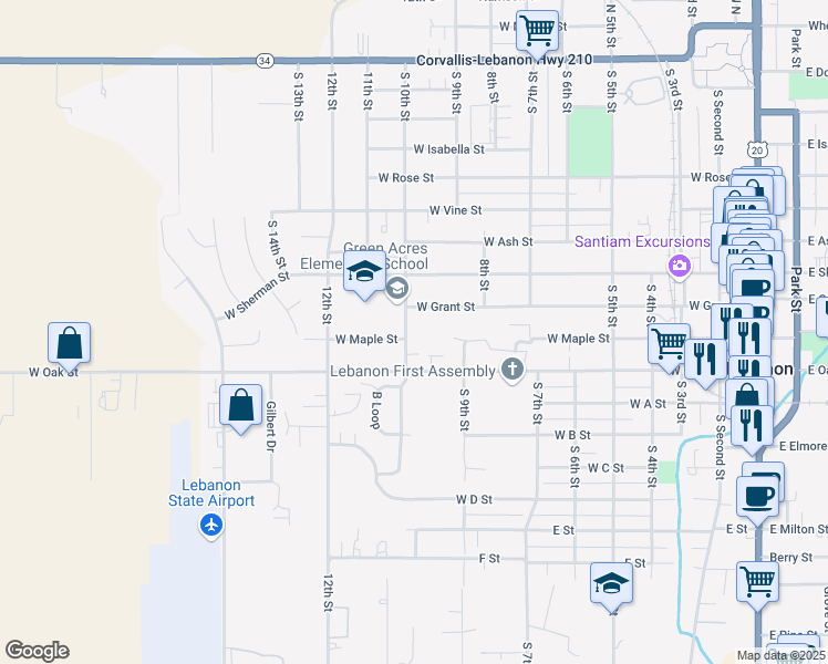 map of restaurants, bars, coffee shops, grocery stores, and more near 890 South 10th Street in Lebanon