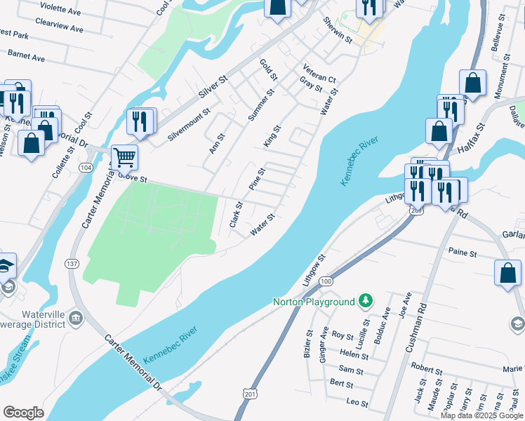 map of restaurants, bars, coffee shops, grocery stores, and more near 10 Grove Street in Waterville