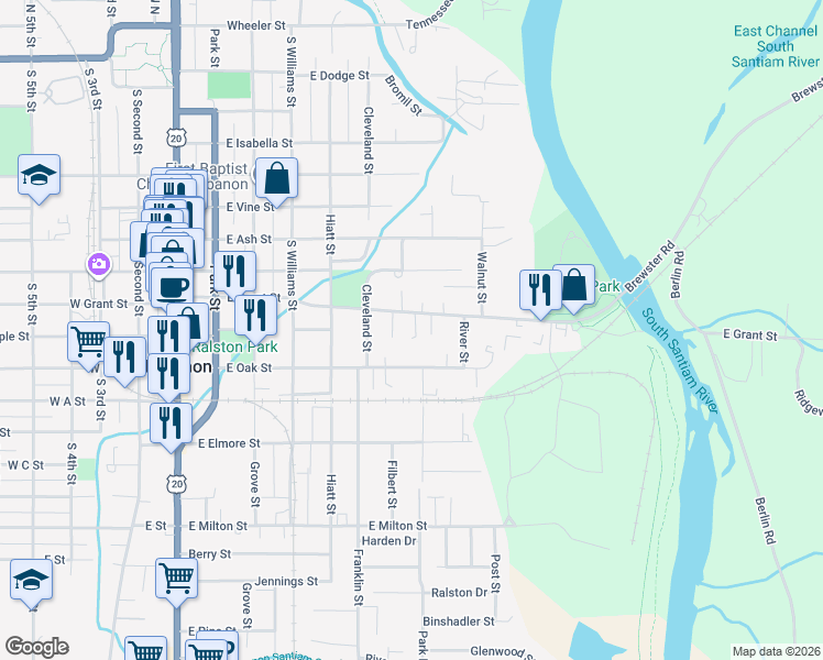 map of restaurants, bars, coffee shops, grocery stores, and more near 610 East Grant Street in Lebanon