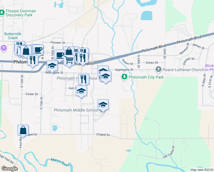 map of restaurants, bars, coffee shops, grocery stores, and more near 2054 Applegate Street in Philomath