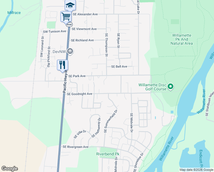 map of restaurants, bars, coffee shops, grocery stores, and more near 2846 Southeast Park Place in Corvallis