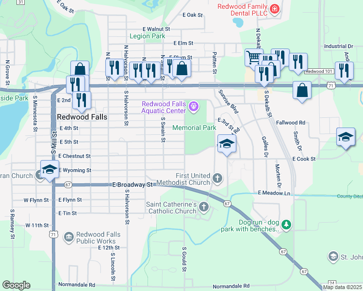 map of restaurants, bars, coffee shops, grocery stores, and more near 503 South Gould Street in Redwood Falls
