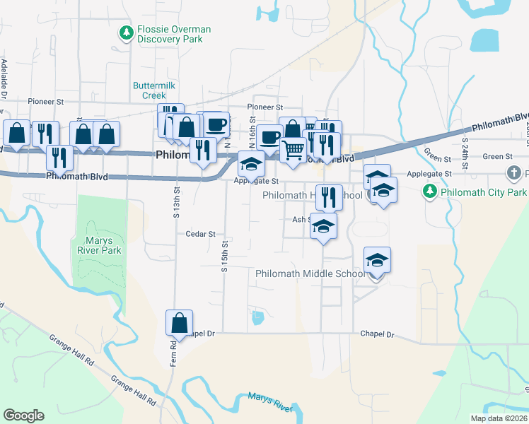 map of restaurants, bars, coffee shops, grocery stores, and more near 239 South 16th Street in Philomath