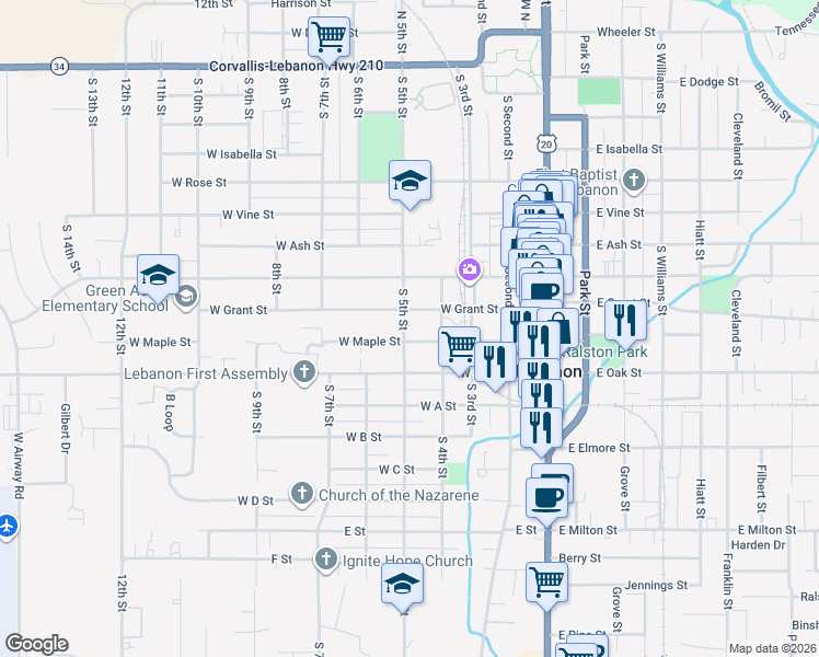 map of restaurants, bars, coffee shops, grocery stores, and more near 818 South 5th Street in Lebanon