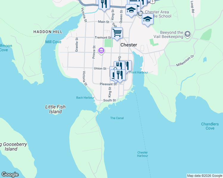 map of restaurants, bars, coffee shops, grocery stores, and more near 39 Pleasant Street in Chester