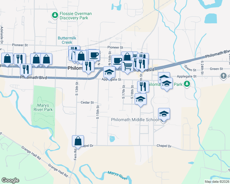 map of restaurants, bars, coffee shops, grocery stores, and more near 239 South 16th Street in Philomath