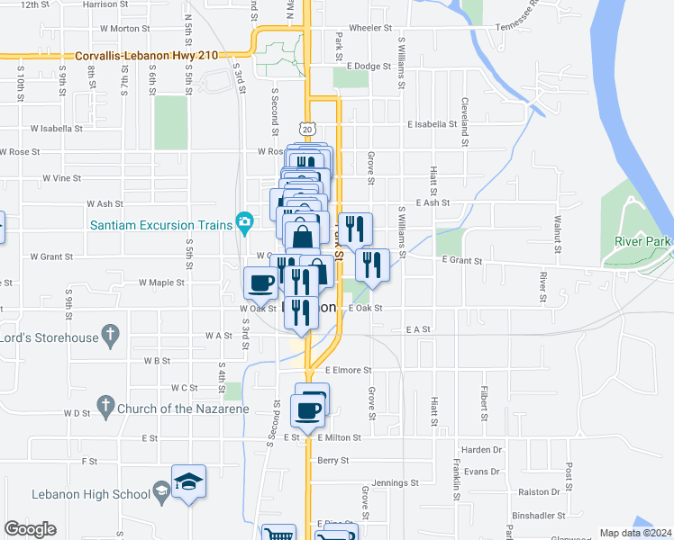 map of restaurants, bars, coffee shops, grocery stores, and more near 860 Park Street in Lebanon