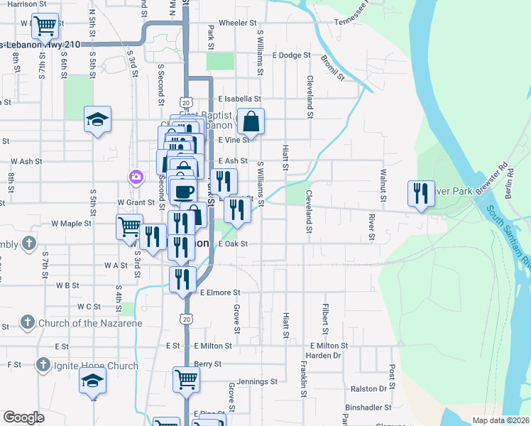 map of restaurants, bars, coffee shops, grocery stores, and more near 869 South Williams Street in Lebanon