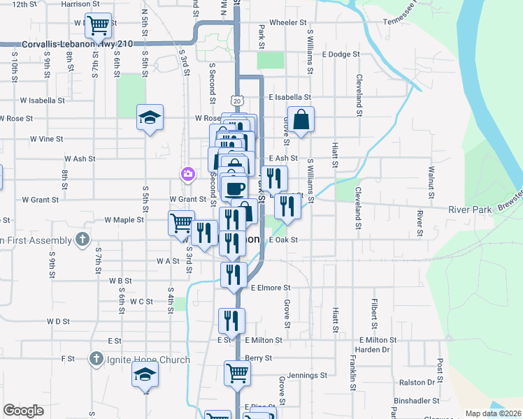 map of restaurants, bars, coffee shops, grocery stores, and more near 805 Park Street in Lebanon