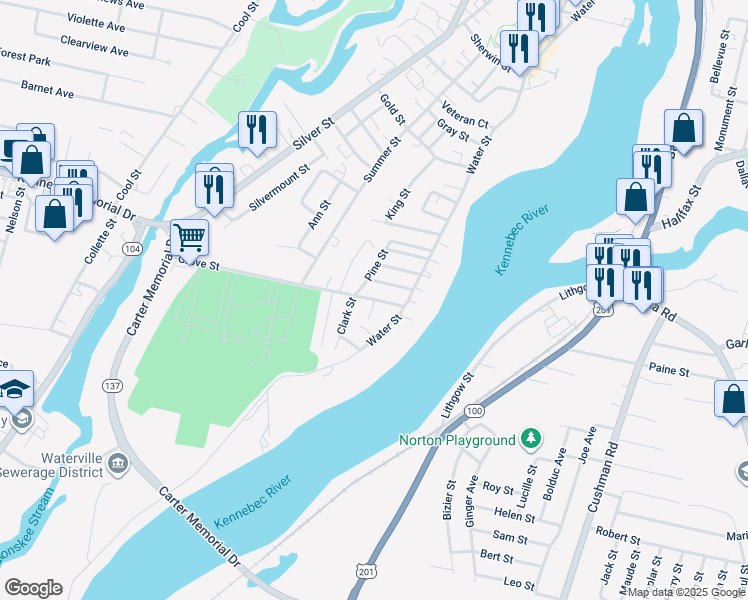 map of restaurants, bars, coffee shops, grocery stores, and more near 10 Grove St in Waterville