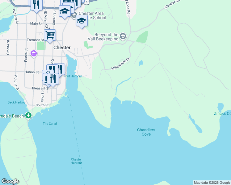 map of restaurants, bars, coffee shops, grocery stores, and more near 94 Chandler Road in Chester