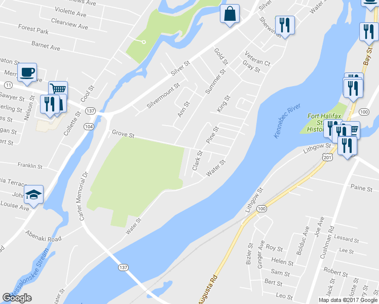 map of restaurants, bars, coffee shops, grocery stores, and more near 15 South Grove Street in Waterville