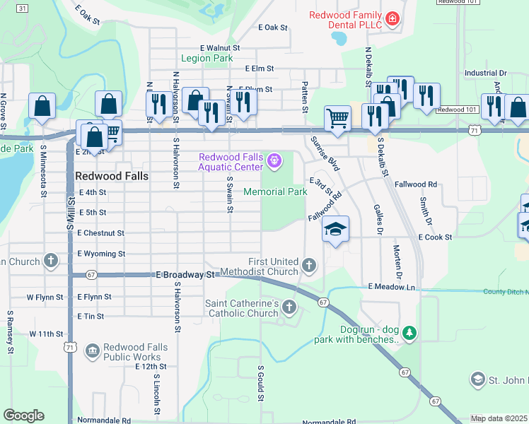 map of restaurants, bars, coffee shops, grocery stores, and more near 503 South Gould Street in Redwood Falls