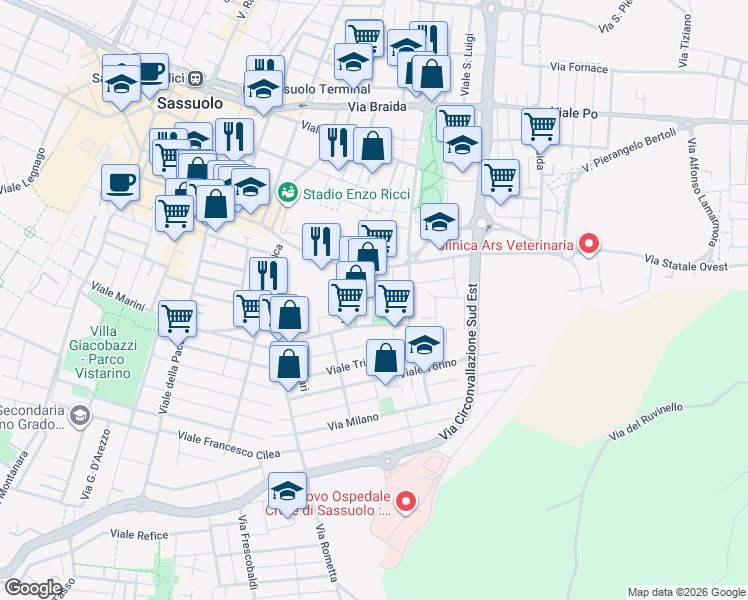map of restaurants, bars, coffee shops, grocery stores, and more near 22 Viale Manfredo Fanti in Sassuolo