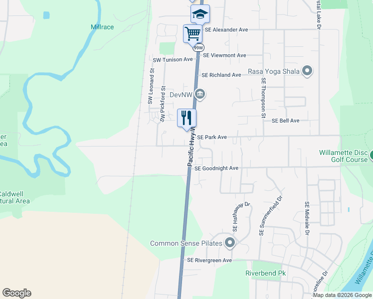 map of restaurants, bars, coffee shops, grocery stores, and more near 150 Southwest Wake Robin Avenue in Corvallis