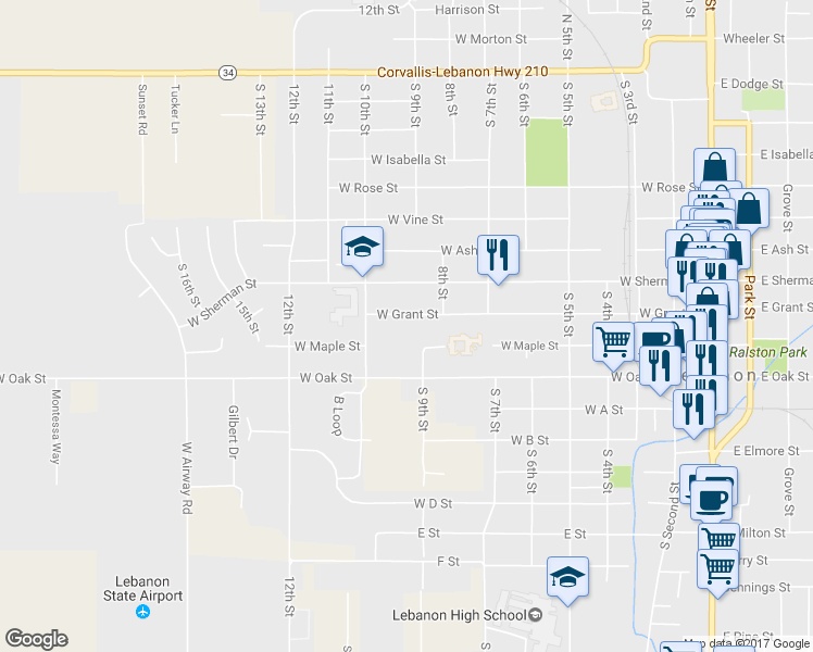 map of restaurants, bars, coffee shops, grocery stores, and more near 788 West Grant Street in Lebanon