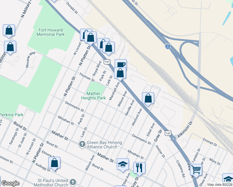 map of restaurants, bars, coffee shops, grocery stores, and more near 1235 Thomas Street in Green Bay