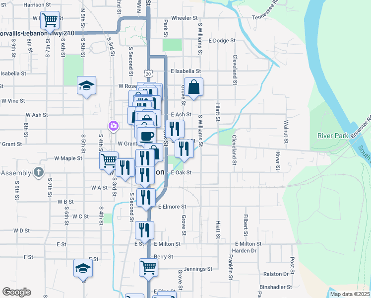 map of restaurants, bars, coffee shops, grocery stores, and more near 855 Grove Street in Lebanon