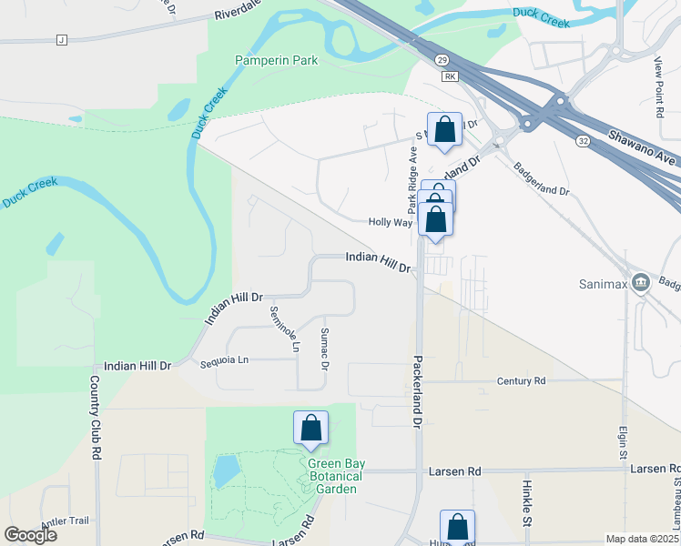 map of restaurants, bars, coffee shops, grocery stores, and more near 2564 Trillium Circle in Green Bay