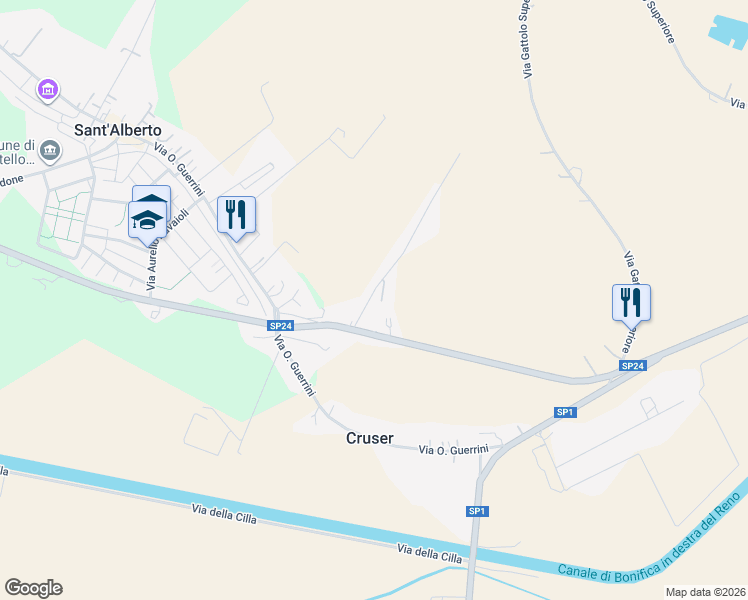 map of restaurants, bars, coffee shops, grocery stores, and more near 15 Via Madonna in Sant'Alberto