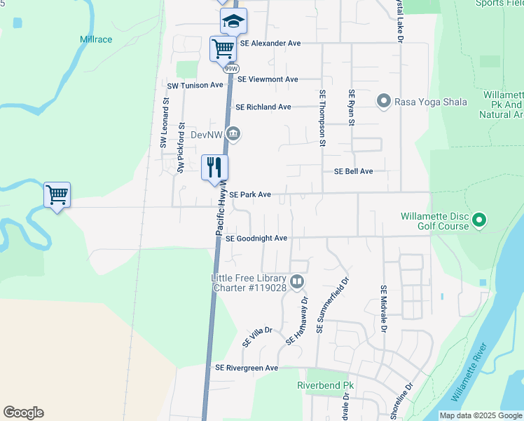 map of restaurants, bars, coffee shops, grocery stores, and more near 2830 Southeast Collins Place in Corvallis