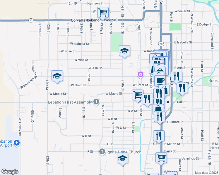 map of restaurants, bars, coffee shops, grocery stores, and more near 546 West Grant Street in Lebanon