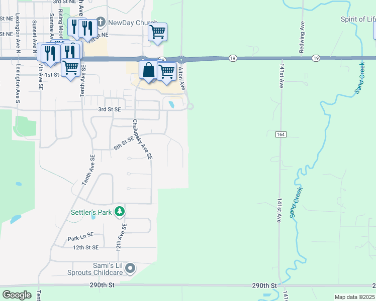 map of restaurants, bars, coffee shops, grocery stores, and more near 613 Summer Avenue Southeast in New Prague