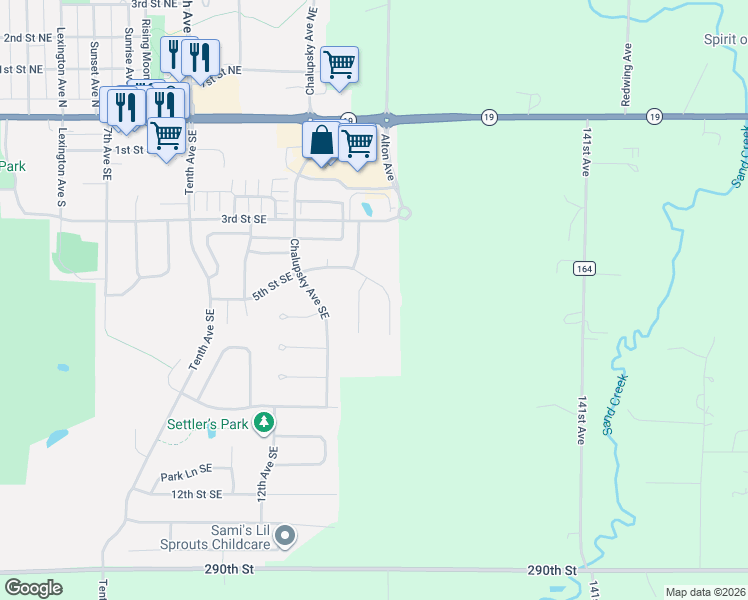 map of restaurants, bars, coffee shops, grocery stores, and more near 608 Summer Avenue Southeast in New Prague