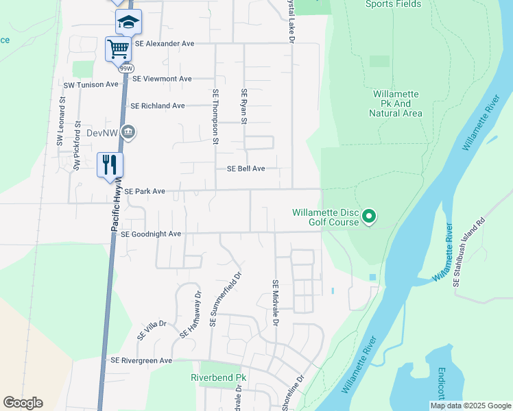 map of restaurants, bars, coffee shops, grocery stores, and more near 2835 Southeast Goodpark Street in Corvallis
