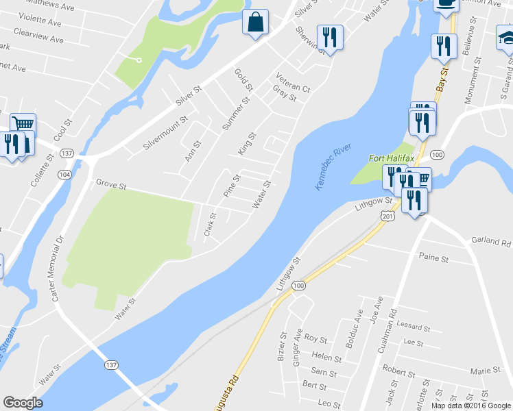 map of restaurants, bars, coffee shops, grocery stores, and more near 182 Water Street in Waterville