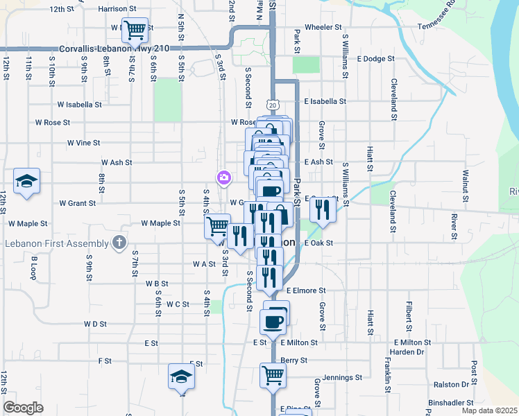 map of restaurants, bars, coffee shops, grocery stores, and more near 200 South 9th Street in Lebanon