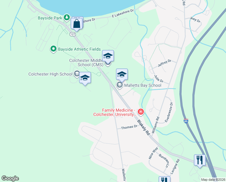 map of restaurants, bars, coffee shops, grocery stores, and more near 45 Malletts Bay Avenue in Colchester