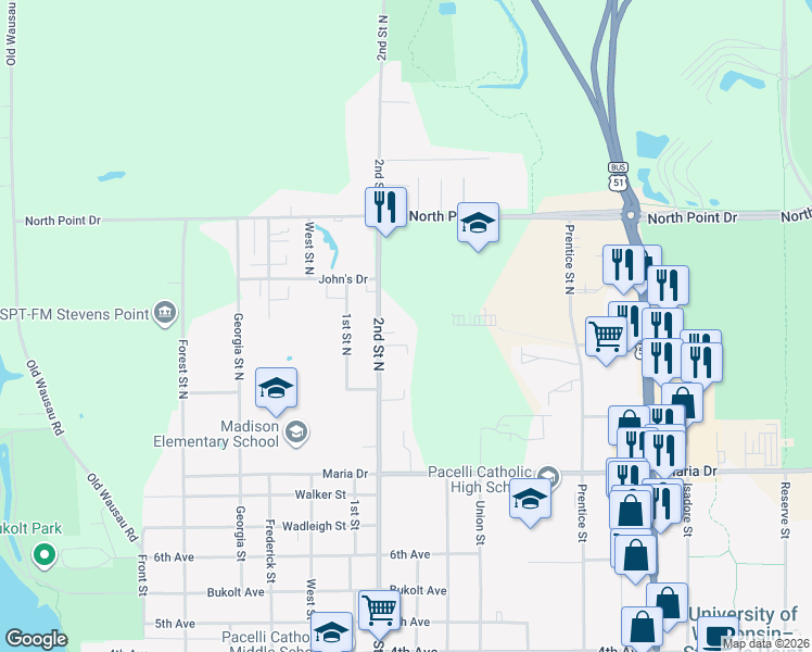 map of restaurants, bars, coffee shops, grocery stores, and more near 305 2nd Street North in Stevens Point