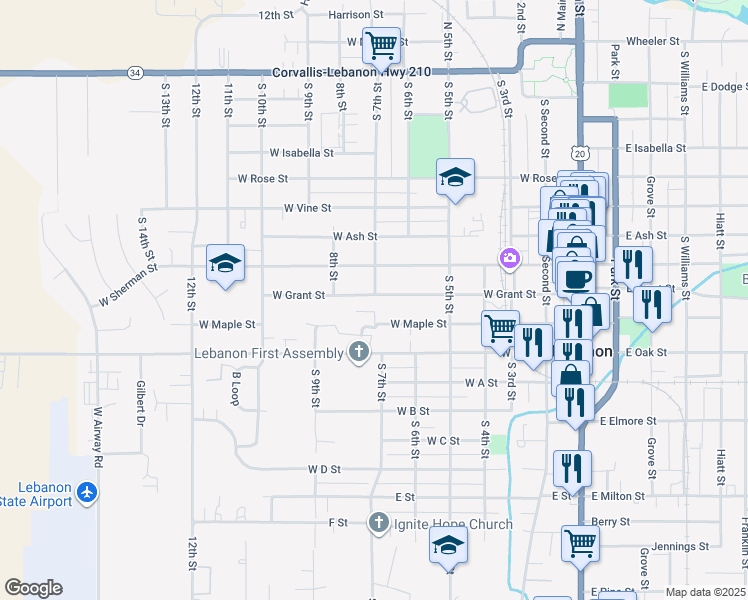 map of restaurants, bars, coffee shops, grocery stores, and more near 600 West Grant Street in Lebanon