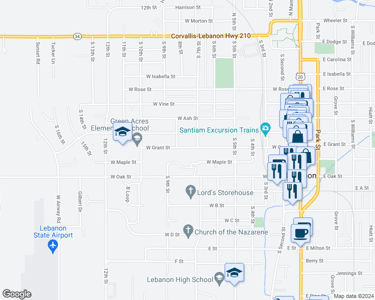map of restaurants, bars, coffee shops, grocery stores, and more near 630 West Grant Street in Lebanon