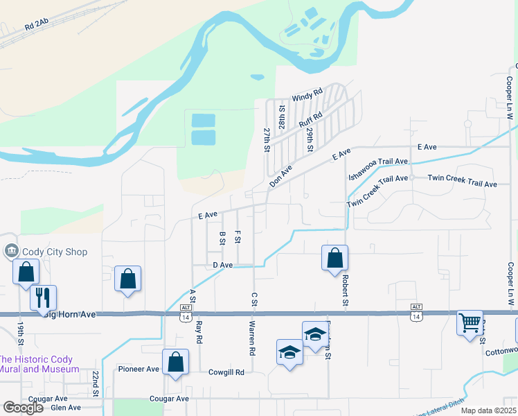 map of restaurants, bars, coffee shops, grocery stores, and more near 202 C Street in Cody