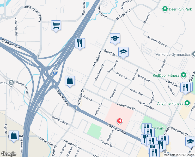 map of restaurants, bars, coffee shops, grocery stores, and more near 336 Manchester Dr in Green Bay