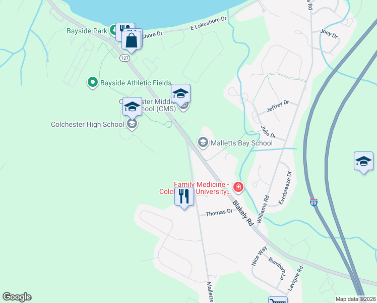 map of restaurants, bars, coffee shops, grocery stores, and more near 45 Malletts Bay Avenue in Colchester