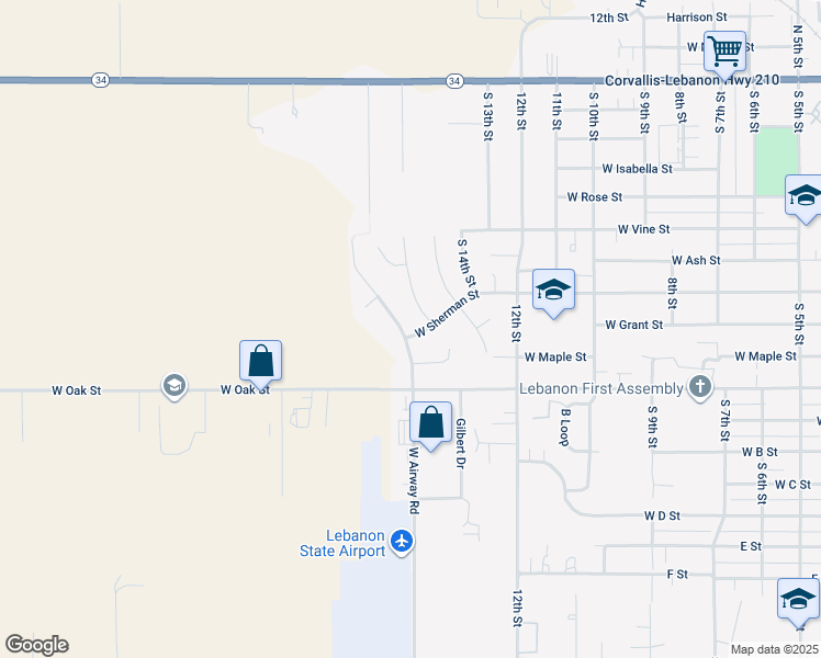 map of restaurants, bars, coffee shops, grocery stores, and more near 795 West Airway Road in Lebanon