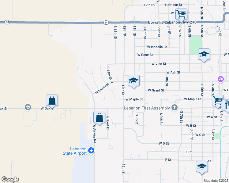 map of restaurants, bars, coffee shops, grocery stores, and more near 1180 West Grant Place in Lebanon